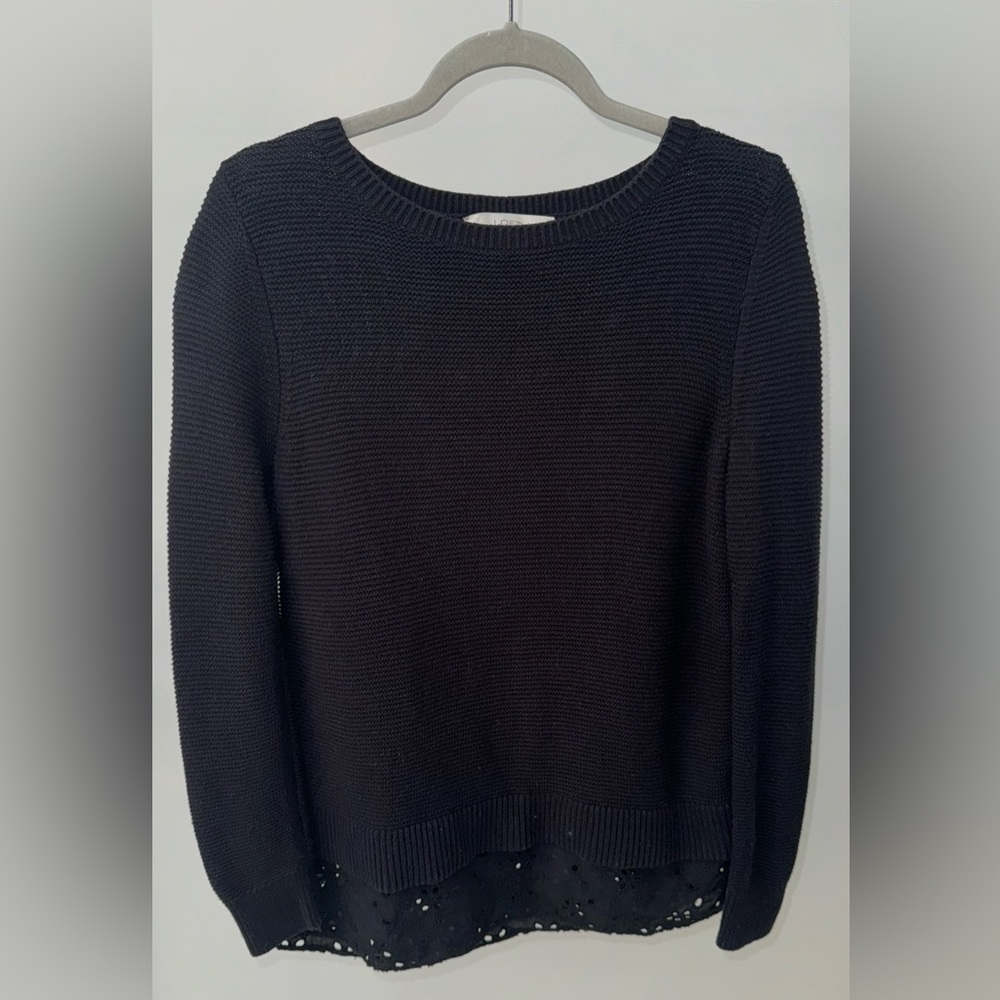 LOFT Knit Sweater With Eyelet Embroidery Trim in Black, Size S‎